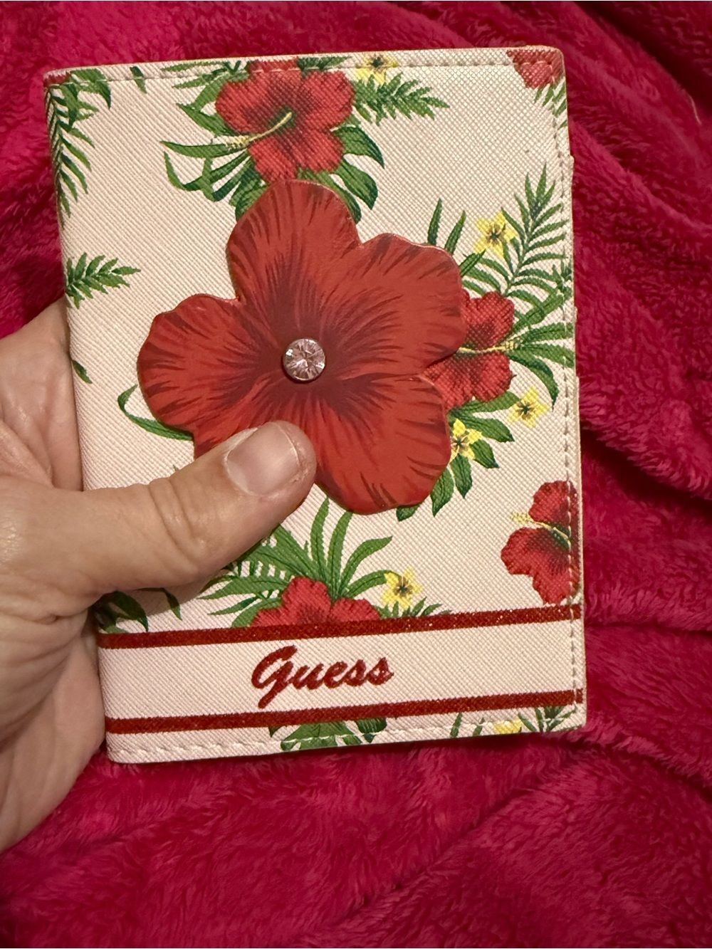 Guess -Tropical Hibiscus Floral Embellished Passport Holder/Wallet